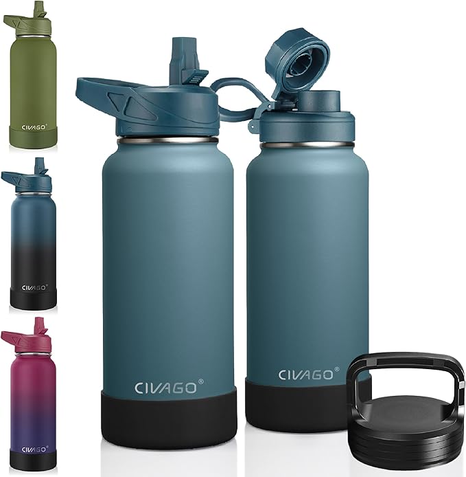 CIVAGO 32 oz Insulated Water Bottle With Straw, Stainless Steel Sports Water Cup Flask with 3 Lids (Straw, Spout and Handle Lid), Wide Mouth Travel Thermal Mug, Blue Spruce