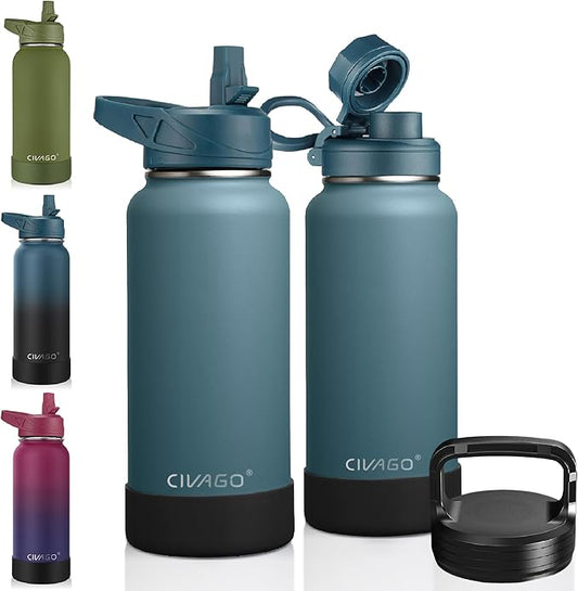 CIVAGO 32 oz Insulated Water Bottle With Straw, Stainless Steel Sports Water Cup Flask with 3 Lids (Straw, Spout and Handle Lid), Wide Mouth Travel Thermal Mug, Blue Spruce