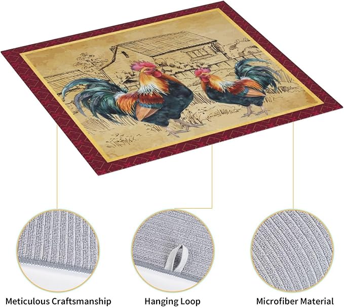 Rooster Farmhouse Rustic Wood Chicken Drying Mat 16x18 Inch For Kitchen Counter Drying Mats Dish For Kitchen Counter Easy Clean Kitchen