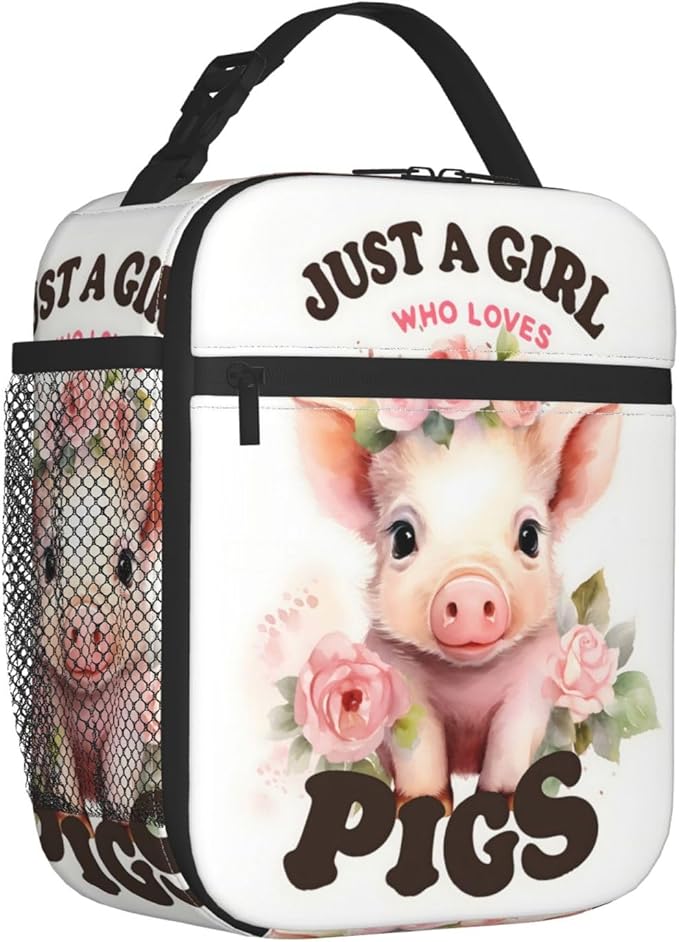 Reusable Just a Girl Who Loves Pigs Lunch Box for Kids, Insulated Cute Pig Bag,Polyester Cooler Animal Lovers Handbags Case for School Picnic Work Travel Beach or Hiking, Gifts