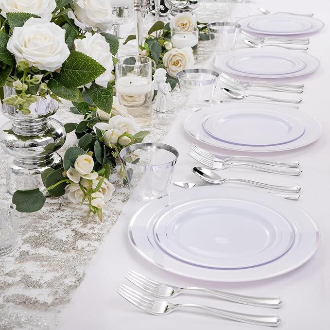 bUCLA 150-Piece Silver Disposable Dinnerware Set - White Plastic Plates with Silver Rim - Include 25 Dinner Plates, 25 Dessert Plates, 25 Forks, 25 Knives, 25 Spoons & 25 Cups for Party & Christmas