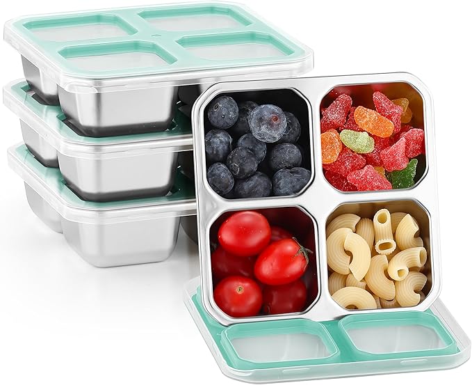 4 Pack Stainless Steel Snack Containers with Lids 4 Compartment Food Storage Containers for Adults Meal Prep Reusablele for work or going out. (BLUE, 4)