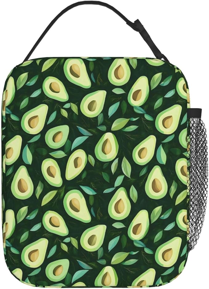 Avocado and Leaf Lunch Box for Teen Kids, Cartoon Reusable Thermal Lunchbag, Picnic, School, Hiking, Fishing, Fruit Insulated Tote Cooler Bags for Adults Women Decor Gifts, Summer Theme