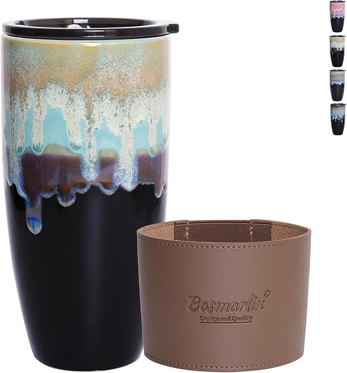 Bosmarlin Ceramic Travel Coffee Mug with Lid, 21 oz, Portable Coffee Cup for Car Cup Holder, Microwave and Dishwasher Safe, Reactive Glaze