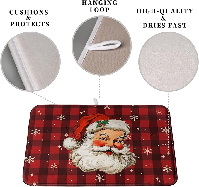 Santa Claus Christmas Dish Drying Mat Xmas Red and Black Buffalo Plaid Snowflake Drying Mats Winter Holiday Dishes Drying Pad Microfiber Absorbent Dish Drainer Rack Mat 18x24 Inch