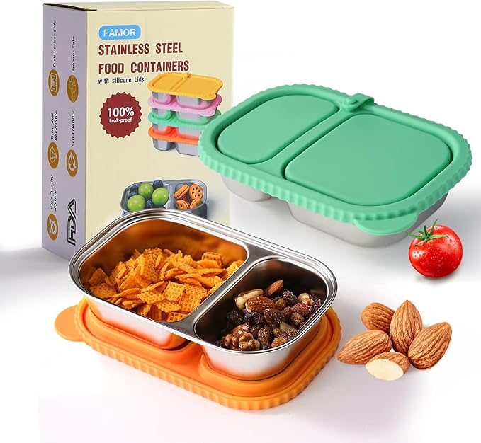 2 Pack Stainless Steel Snack Containers With Lid, 2 Compartment Snackle Box Container,Leak-Proof Reusable Food Storage Container,For Work, Travel, School, And The Gym