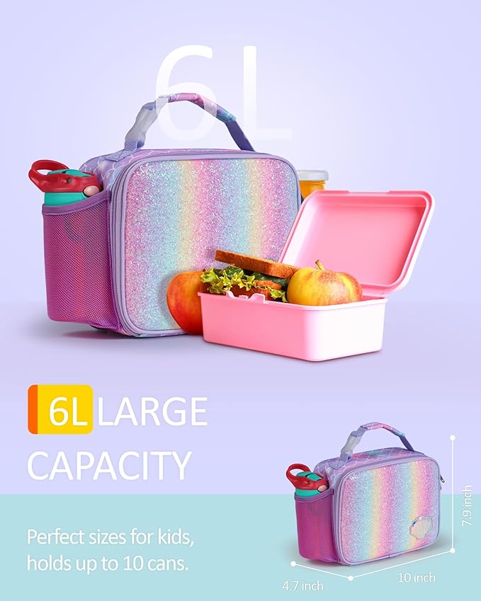 Bagseri Lunch Bag for Girls - Kids Lunch Box for Girls Reusable Leak-Proof and Insulated Kids Lunch Bag Toddler Lunch Box for Daycare and School, Glitter Mermaid Scale (Water Bottle Not Included)