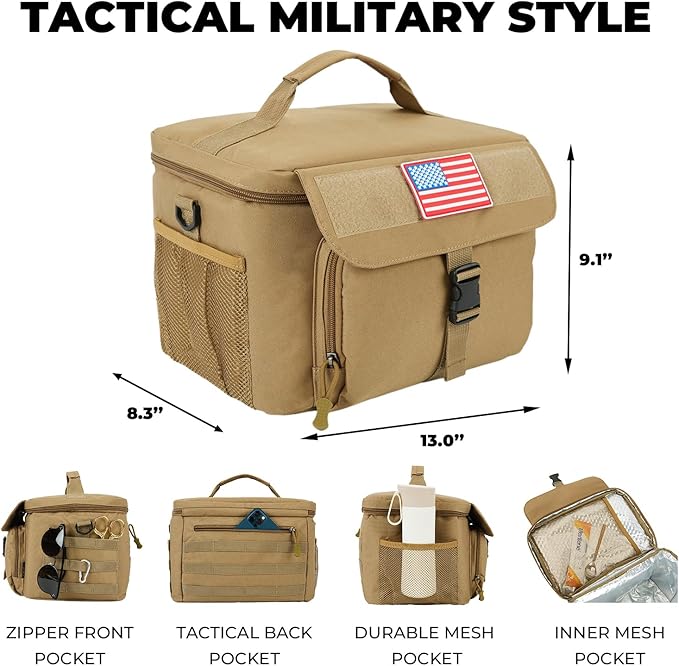 Ronyes Tactical Lunch Box for Men,Large Insulated Lunch Bag with Shoulder Strap,Heavy Duty Lunchbox Cooler MOLLE Webbing, Leakproof Pail for Work Camping Fishing-Brown