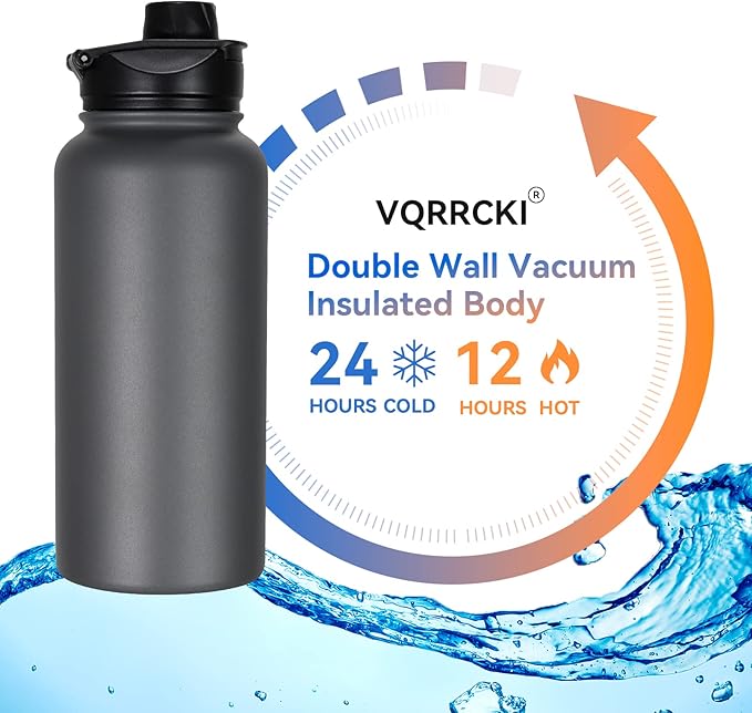 32 oz Insulated Water Bottle Bulk 8 Pack, Stainless Steel Sports Water Bottles with Straw Lid & Wide Mouth Lids, Double Walled Vacuum, Leak Proof, Gray