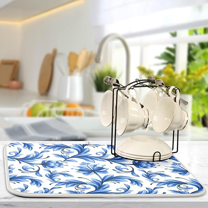 Tarity Blue Flowers White Dish Drying Mat for Kitchen Counter Absorbent Heat Resistant Microfiber Dishes Drainer Mat 18x24 in Large Dish Pad Sink Mat Protective Pad Kitchen Decor