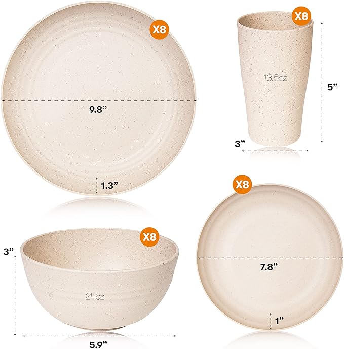 Wheat Straw Dinnerware Sets | Unbreakable Dinnerware Sets | Dishwasher Microwave Safe Dinnerware | Eco Friendly Non Breakable Dinnerware Sets | RV Outdoor Camping (Beige, Service for 8 (32 pcs))