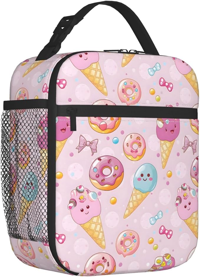 Reusable Cute Ice Cream Lunch Box for Kids Girls Boys Women Adult, Insulated Food Donut Pink Lunch Bag,Polyester Cooler Handbags Case for School Picnic Work Travel Beach or Hiking