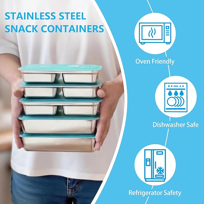 Stainless Steel Snack Containers with Lids Meal Prep Food Storage Container Lunch Box Multi Compartment Reusable Leak-Proof Design for Travel,Snacks, Sandwiches,Condiments Bento Box Office Home
