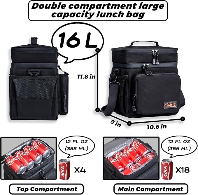 THESTARS Mens Lunchbox for Work, Thermal Insulated Double Deck Lunch Bag, Large Lunch Box Leak Resistant with Premium 900D Heavy-Duty and Durable Waterproof Oxford Fabric for Work (16L)