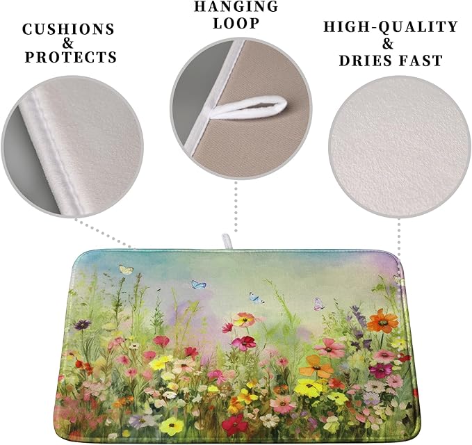 Spring Floral Dish Drying Mat for Kitchen Counter 16x18 Inch Sage Green Wild Flowers Drying Mats Spring Summer Plant Microfiber Absorbent Dish Rack Pad for Coffee Bar Sinks Home Accessories
