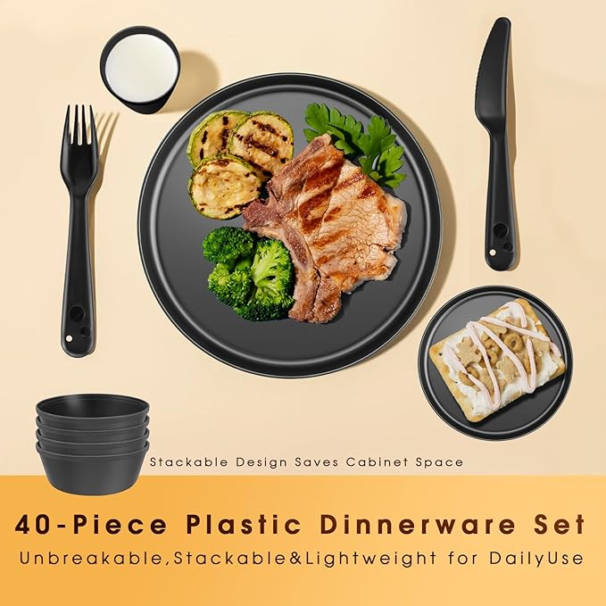 40-Piece Unbreakable Kids Dinnerware Set for Toddlers & Children, BPA-Free & Easy-Clean PP Plates and Bowls, Microwave & Dishwasher Safe, Complete Family Pack (Service for 8)
