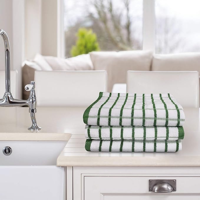 Urban Villa Kitchen Towels Green/White Set of 3 Terry Kitchen Towels 100% Cotton Ultra Soft Size 20X30 Inches Highly Absorbent Over Sized KitchenTowels with Hanging Loop KitchenTowels