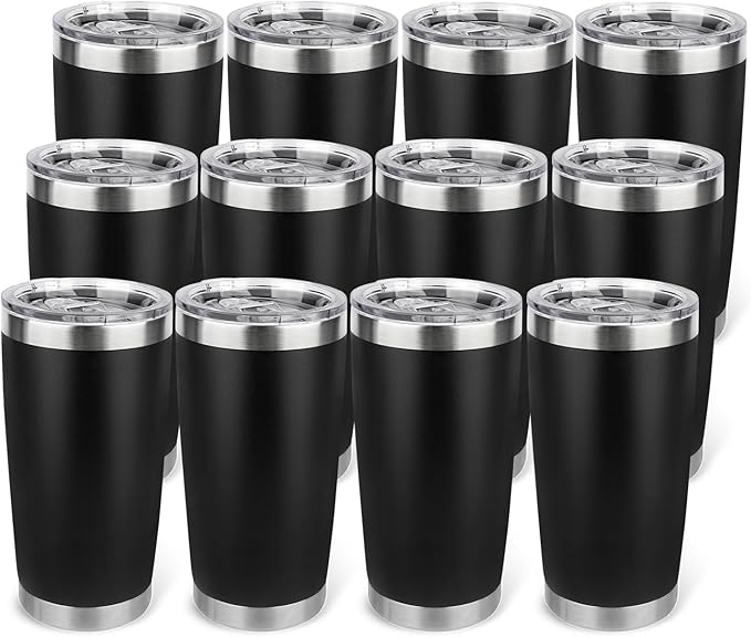 20oz Stainless Steel Tumbler Bulk with Lid, Travel Mug - Double Wall Vacuum Powder Coated Cup - Black, 12 Pack