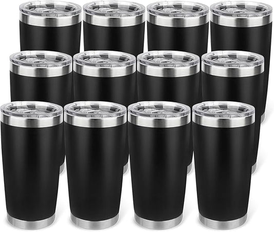 20oz Stainless Steel Tumbler Bulk with Lid, Travel Mug - Double Wall Vacuum Powder Coated Cup - Black, 12 Pack