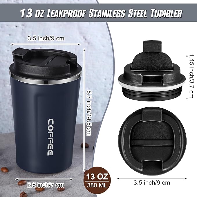 Sieral 4 Pcs 13 oz Travel Coffee Mug Insulated Reusable Coffee Cups with Leakproof Lid Stainless Steel Portable Tumbler for Keep Hot or Ice Milk Tea(Navy Blue)