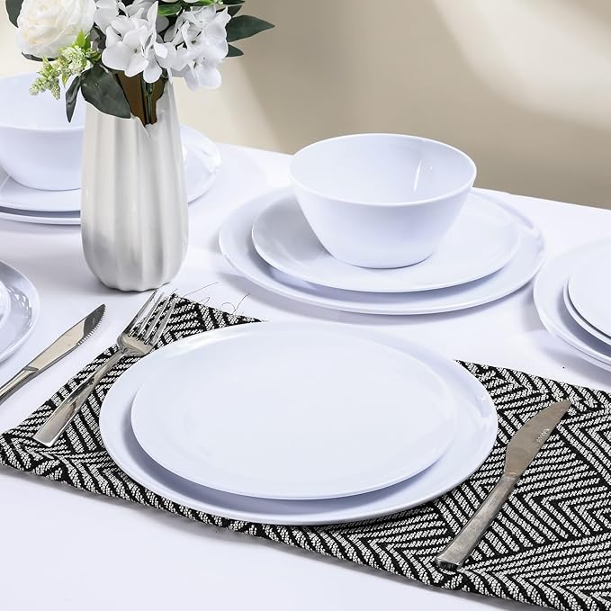 Melamine Dinnerware Sets,18-piece Melamine Plates and Bowls Set, Unbreakable Dishes Set for 6, Dishwasher Safe,Indoor and Outdoor Use,Lightweight,White
