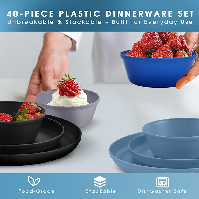 40-Piece Unbreakable Kids Dinnerware Set for Toddlers & Children, BPA-Free & Easy-Clean PP Plates and Bowls, Microwave & Dishwasher Safe, Complete Family Pack (Service for 8)