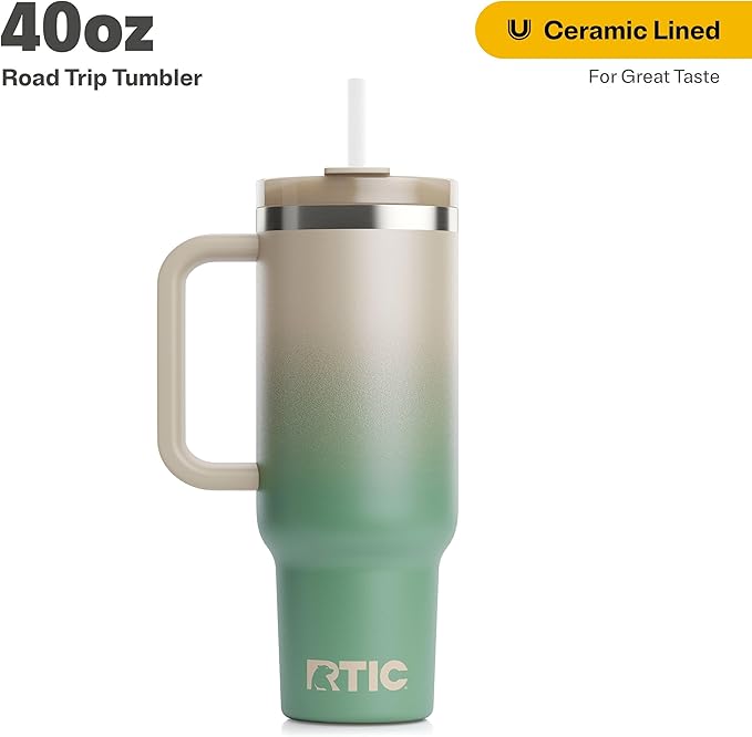 RTIC 40 oz Road Trip Tumbler Double-Walled Cermaic Lined Insulated Stainless Steel Portable Travel Coffee Mug Cup with Lid, Handle and Straw, Sage Ombre