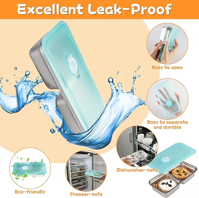 (4PCS) Grab and Go Snack Containers, Reusable Stainless Steel Snack Containers with Lids, Leak-Proof Stainless Steel Double Compartment Condiment Container, for Snacks Dips Travel