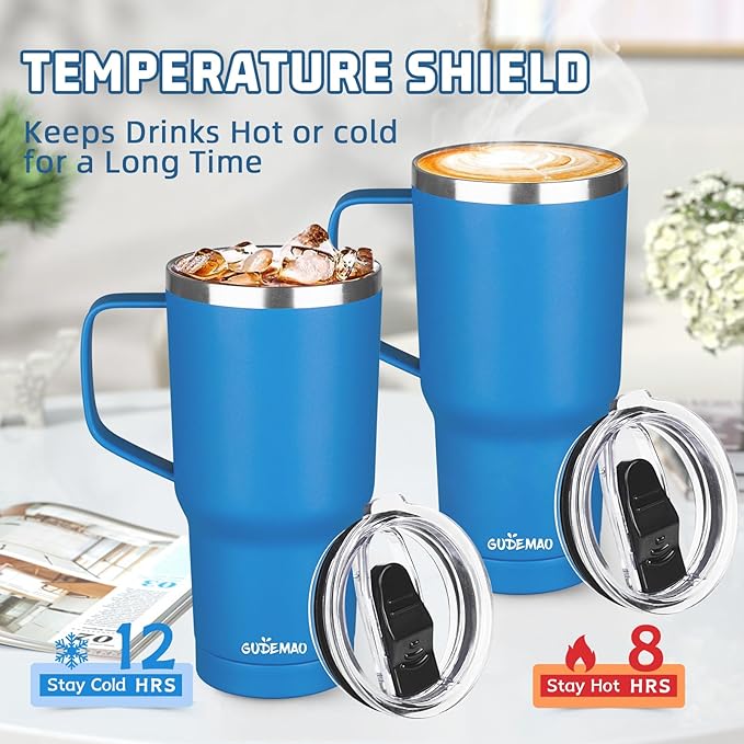 20 oz Insulated Coffee Mug with Ceramic Coating, Stainless Steel Travel Mug Tumbler with Handle Lid and Straw, Double Wall Leak-Proof Coffee Travel Mug Keeps Drink Hot and Cold (Blue)