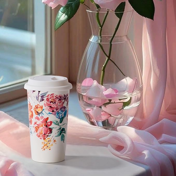 Ceramic Coffee Travel Mug 12 Oz with Lid Spill & Leak Proof, Double-wall Insulated Travel Coffee Mugs Watercolor Peonies Pattern, Gift for Her on Christmas Birthday Mothers Day, White & Pink Flower