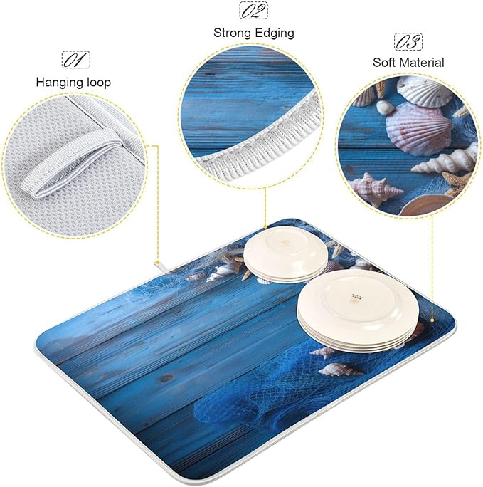 Blue Fishing Nets Seashells Starfish Dish Drying Mat for Kitchen Counter Super Absorbent Dishes Pad Reversible Microfiber Protector Dish Draining Mats 18x24 inch