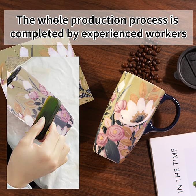 Topadorn Ceramic Mug Coffee Cups with Spill-Proof Lid Latte Mugs for Home and Office with Gift Box,White and Pink Flowers