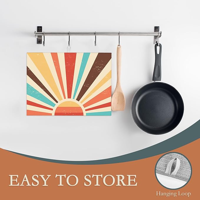 Boho Sun Dish Drying Mats 18x24 Inch,Vintage Sunset Sunrise Dish Pad Drying Rack Mat for Kitchen Counter Ultra Absorbent Microfiber Dishware Coffee Maker Bar Countertop Decor