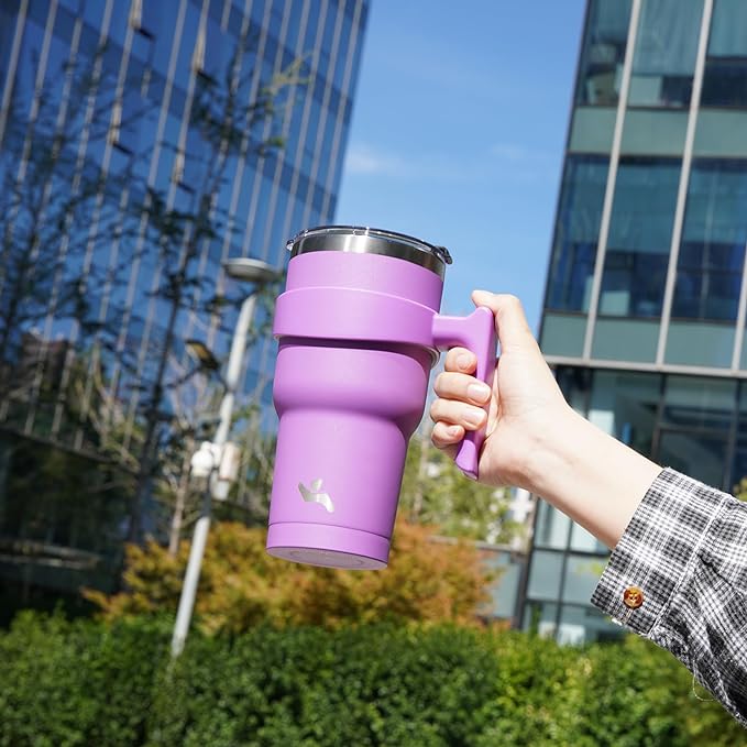 30 oz Tumbler with Handle and 2 Straw 2 Lid, Insulated Water Bottle Stainless Steel Vacuum Cup Reusable Travel Mug,Lavender