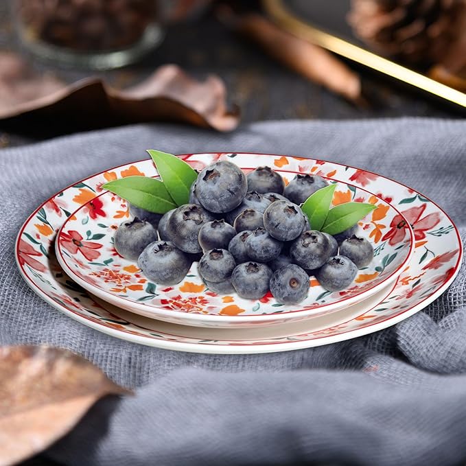 Porcelain Floral Plates 8 Inches &10 Inches Set of 4 Total, Ceramic Dessert Plate, Appetizer Salad Plate Set, Dinnerware Dinner Plates for Kitchen, Cake Snacks