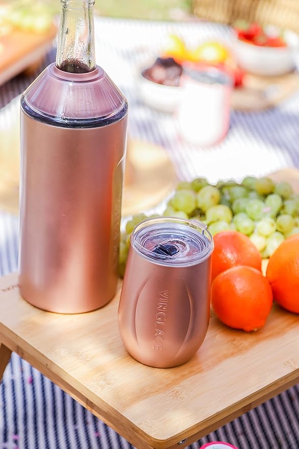 Vinglacé Stainless Steel Stemless Wine Glass- Insulated Wine Tumbler with Glass Insert and Sip Lid, 10 oz, Rose Gold