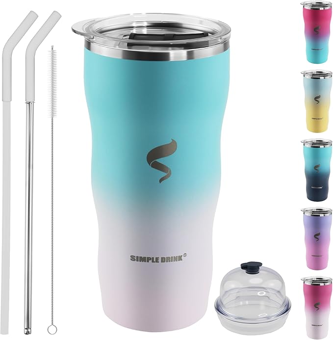20Oz Insulated Tumbler With Straw And Lid, Stainless Steel Coffee Cup, Double Wall Vacuum Travel Mug,Spill proof Iced Coffee Tumbler,Outside Use, Blue white