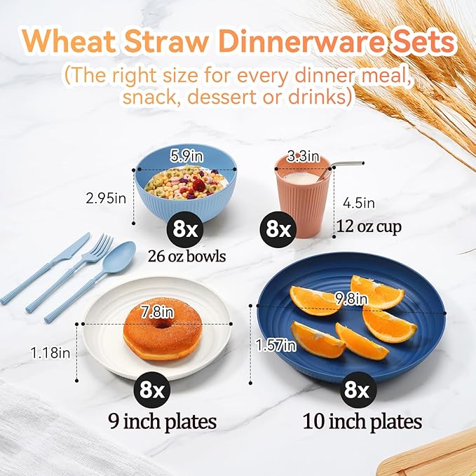 Wheat Straw Dinnerware Sets,64-Piece Black Plates and Bowls Sets for 8-Unbreakable,Reusable Plastic Dish Set-Dinner Plate/Dessert Plate/Cereal Bowl/Cup/Utensils-Microwavable Dishwasher Safe 64P-BLACK