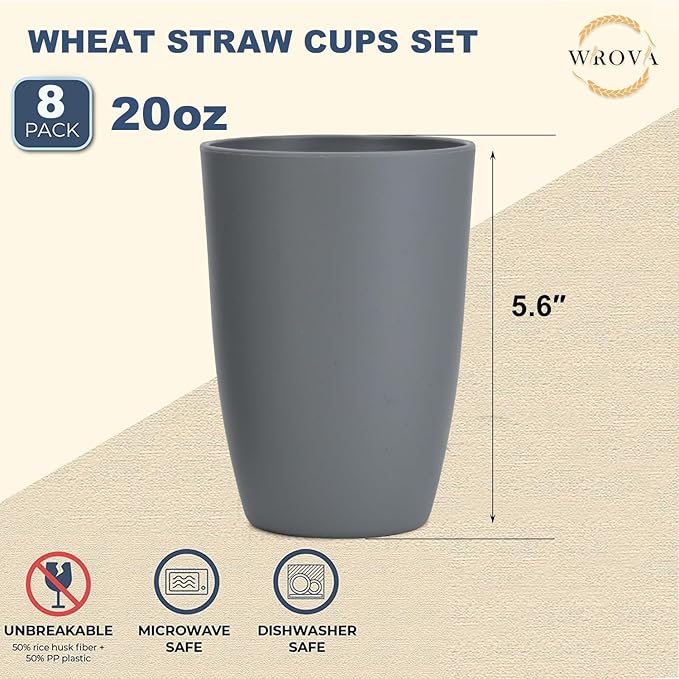 Wheat Straw Cups 8 PCS Good Alternative to Plastic Reusable Cups 20 oz Unbreakable Drinking Cup Reusable Dishwasher Safe Water Plastic Glasses Gray