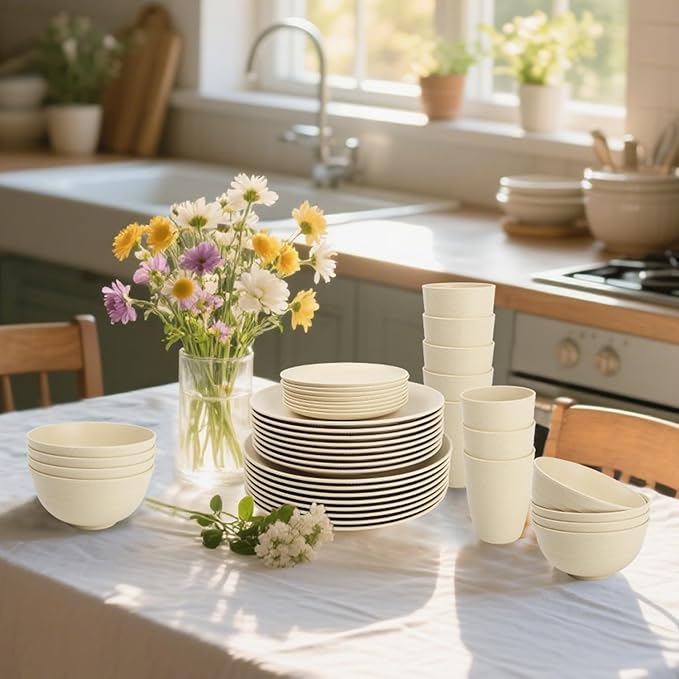 40 PCS Wheat Straw Dishes Sets | Reusable Dinnerware Set for 8 - Dinner Plates, Cereal Bowls, Drinking Glasses Unbreakable Plastic Plates and Bowls Sets Microwave Safe for Kitchen - Beige