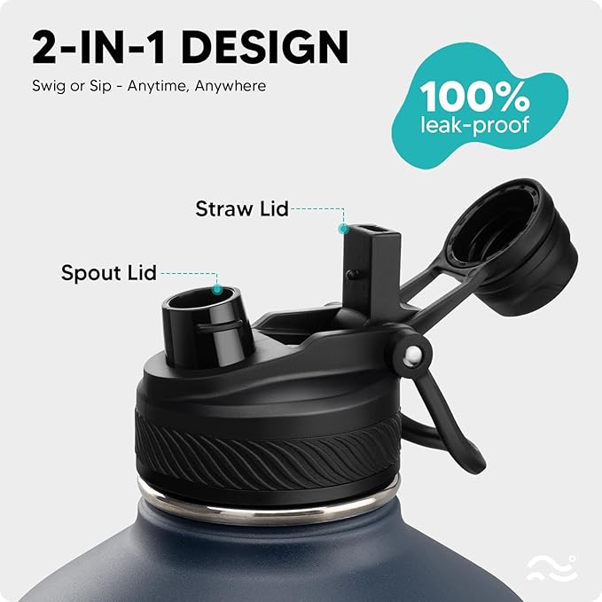 [2-IN-1 LID] Gallon Insulated Water Bottle with Silicone Boot (48hrs Cold/24hrs Hot) - DIY Stickers, Leakproof, BPA Free, 128 oz