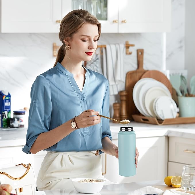 24 oz Insulated Water Bottle with Straw Lid & Wide Mouth Lids, Stainless Steel Sports Water Bottles, Double Walled Vacuum, Leak Proof, Turquoise Blue