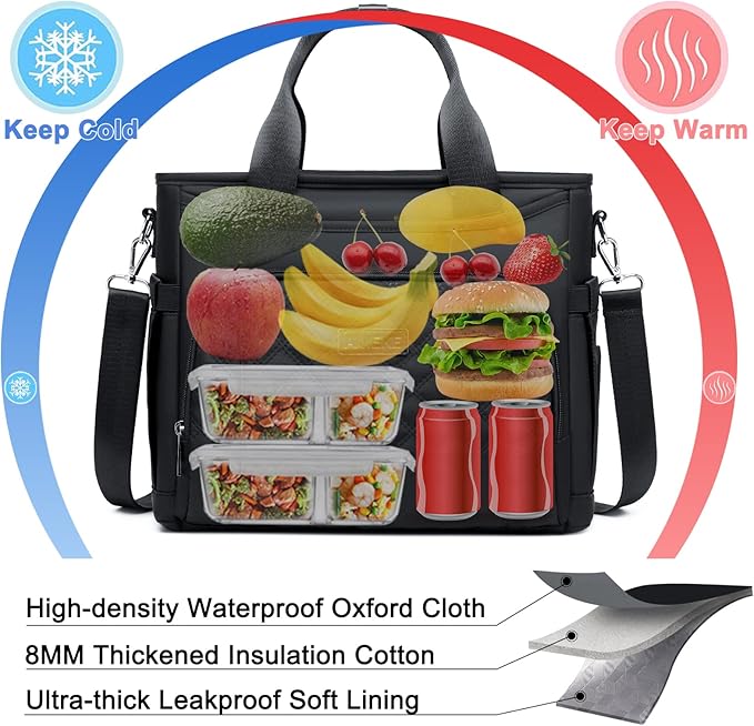 AIJIEKE Insulated Lunch Bag for Men Women, Lunch Box, Lunch Tote for Work, Large Leak Proof Cooler Bag with Removable Strap, Reusable Adult Lunchbag, Picnic, Office, Beach, Black