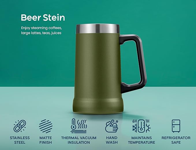 KooK Beer Stein, Stainless Steel Coffee Mug, Tumbler with Thermal Vacuum Insulation, Double Walled Drinking Cup, Large Handle, Shatterproof, Olive, 23.7 oz
