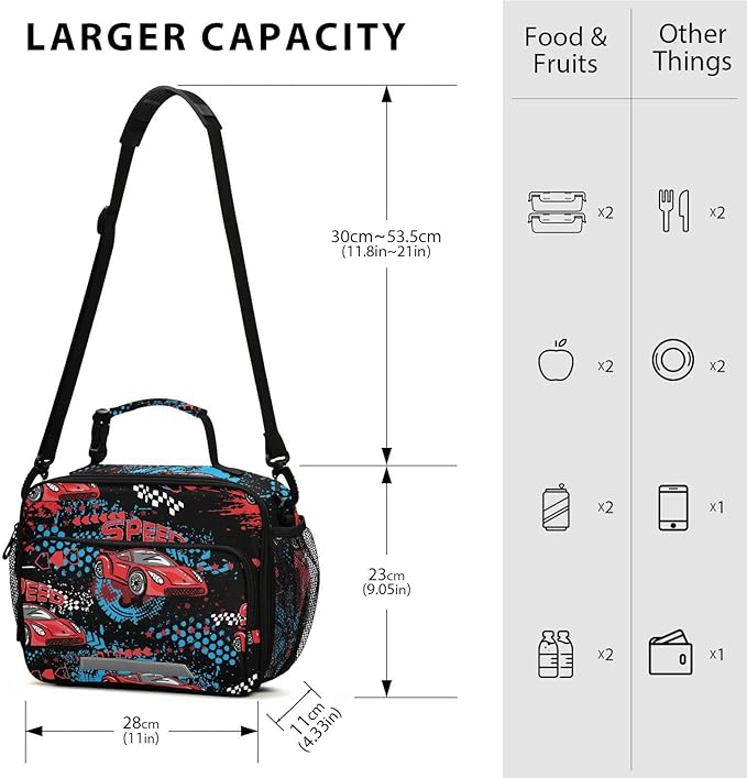 ALAZA Race Car Boys Lunch Box Kids Lunchbox Insulated Reusable Meal Container Lunchbag with Shoulder Strap