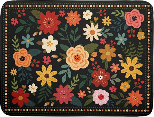 Boho Floral Dish Drying Mat 18x24 Inch Colorful Flower Dishes Dry Mats Absorbent Washable Drainer Rack Pad Protective Kitchen Counter Decor