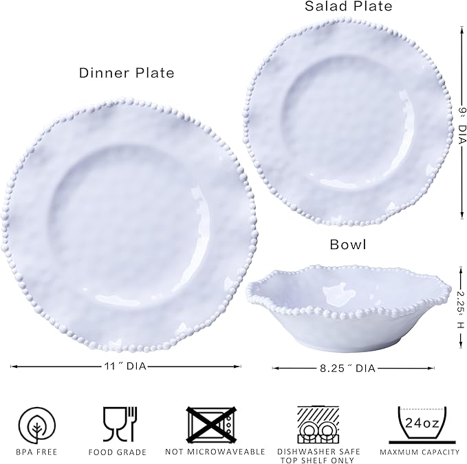 12-Piece White Beaded Melamine Dinnerware Sets – Chip-Resistant Plates & Bowls, Farmhouse Dining Set includes 4 dinner, 4 Salad and 4 Bowl – Ideal for RV, Cabin, Daily Use