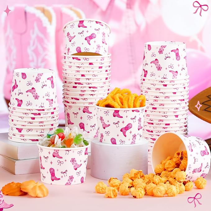 50 Pack Western Pink Cowgirl Ice Cream Cups 9 oz Disco Cowgirl Disposable Dessert Bowls Bow Paper Soup Bowls for Hot or Cold Food for Western Baby Shower Wedding Birthday Bachelorette Party