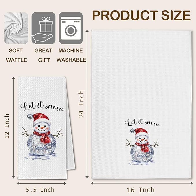 Christmas Disco Ball Snowman Kitchen Towels, Winter Christmas Dish Towels Drying Cloth for Kitchen, Let It Snow Holiday Xmas Snowman Decorative Hand Towel for Bathroom, 16x24 Inch