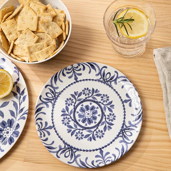 Bzyoo 12-Piece Melamine Dinnerware Set - Indigo Floral | Lightweight, Durable, BPA-Free | Dishwasher Safe Dish Set for Indoor & Outdoor Use - Perfect for Camping, BBQs, Kids Parties